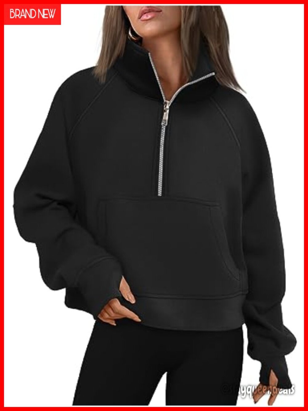 Half Zip Fleece Pullover Sweatshirt with Thumb Holes Kangaroo Pocket